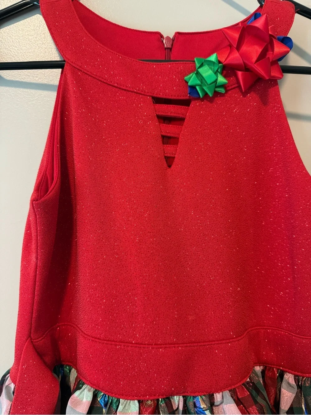 Bonnie Jean Red Sparkle Bodice Plaid Holiday Dress with Bow